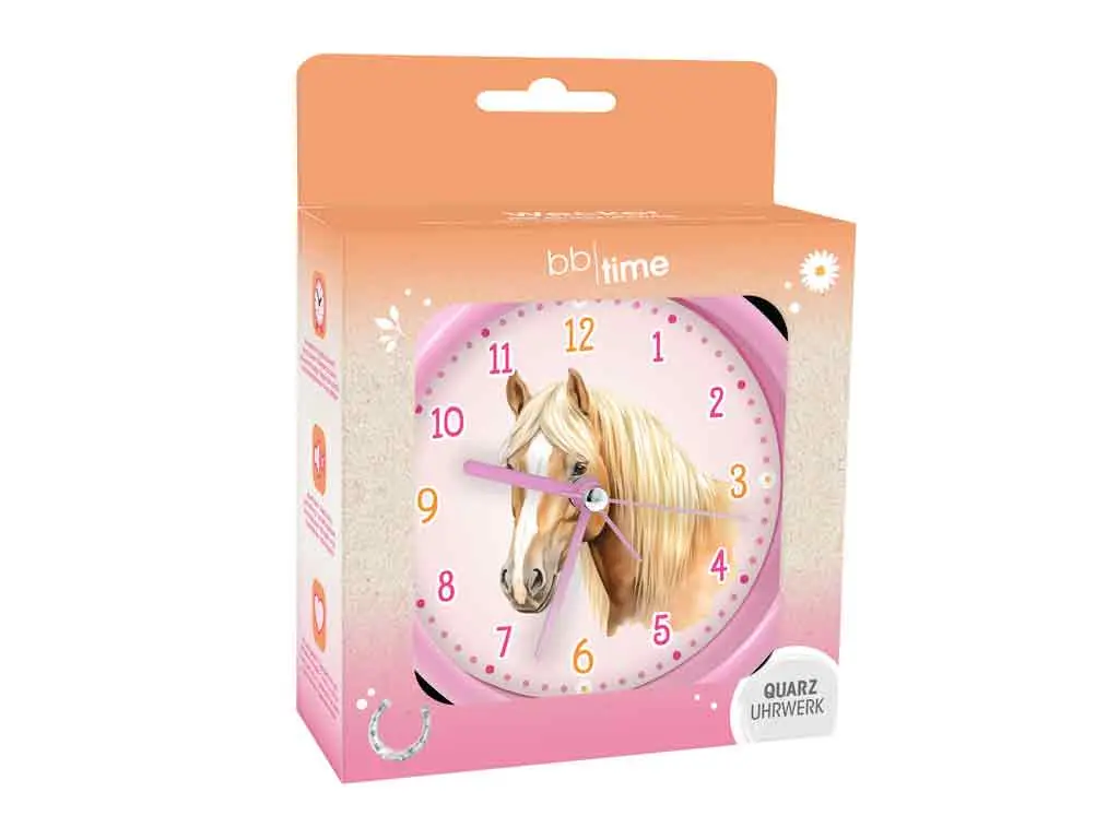 Schönes Schenken Kinder Wecker Uhr in Rosa - Pferd