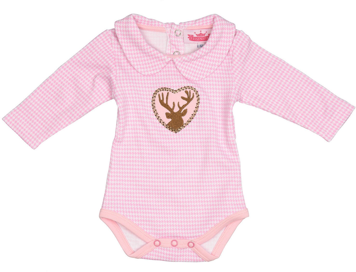 P.Eisenherz Langarm Body mit Kragen - Rosa Vichy Karo mit Hirsch im Herz