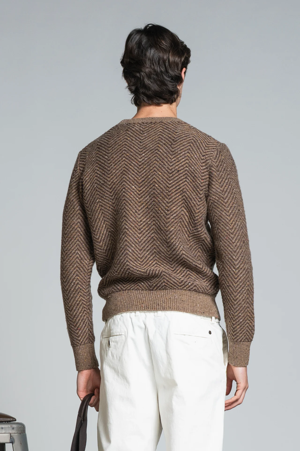 IMPURE Berger Rundhals Strick Pullover Lammswolle Braun Meliert mit Zick Zack