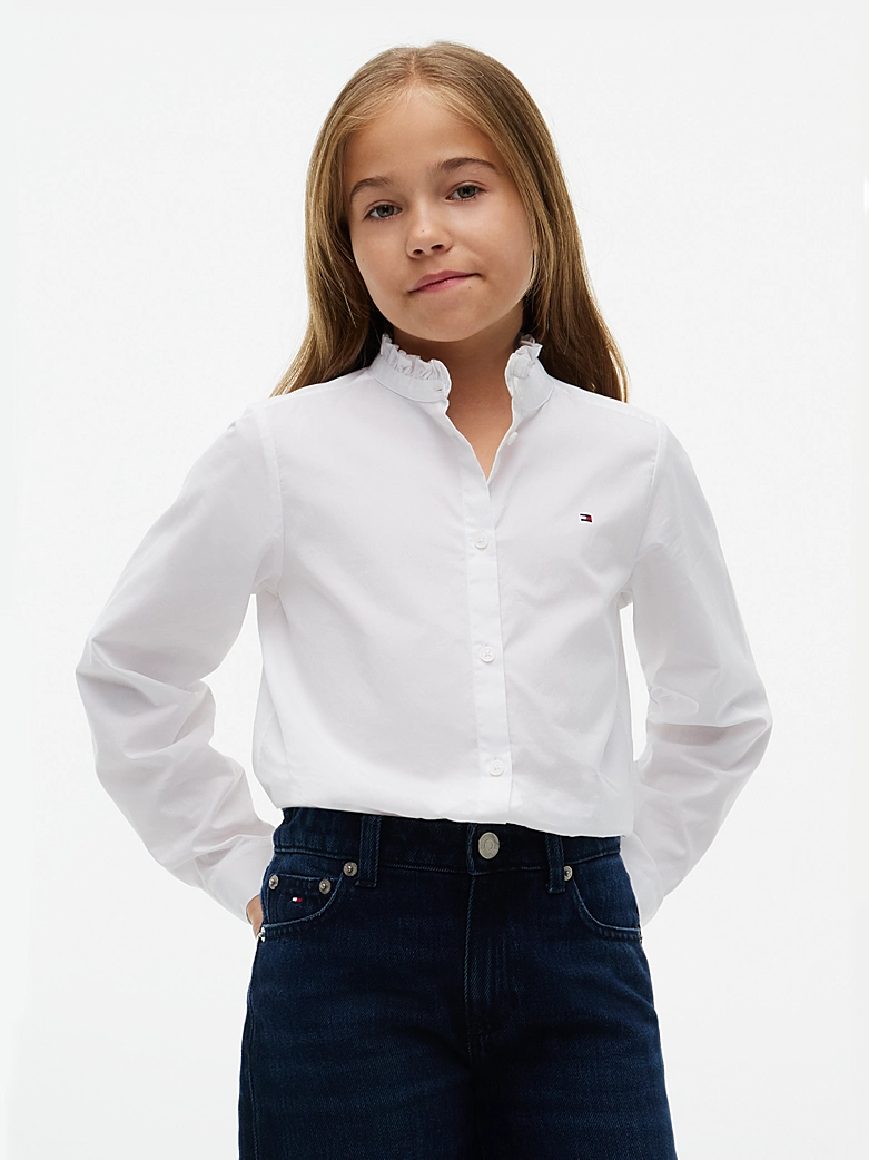 Tommy Hilfiger Ruffle Collar Popline Bluse mit Rüsche Kragen in Weiß