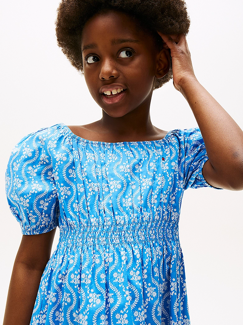 Tommy Hilfiger Gesmoktes Kleid mit Blumen-Print in Blau - SALE
