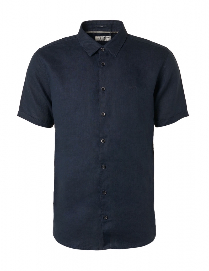 NO EXCESS Kurzarm Leinen Hemd in Marineblau