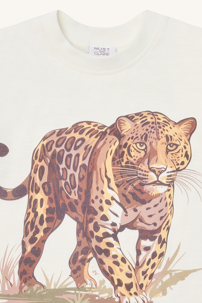 Hust & Claire Kurzarm Bio-Baumwolle T-Shirt in Creme mit Leopard - SALE