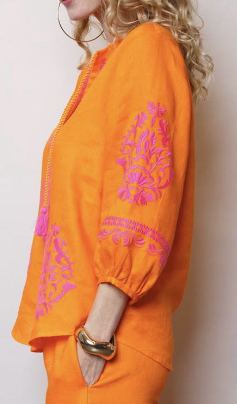 Emily van den Bergh Bluse in Orange mit Pinker Stickerei - SALE