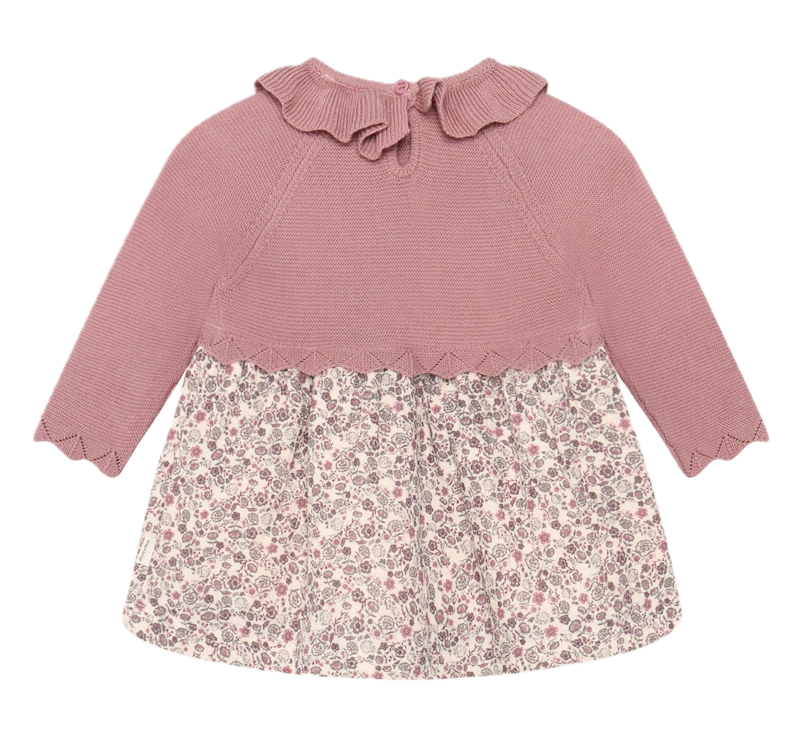 Minymo Baby Kleid in Nostalgie Rose Material Mix mit Strick und Vintage Blumen Rock