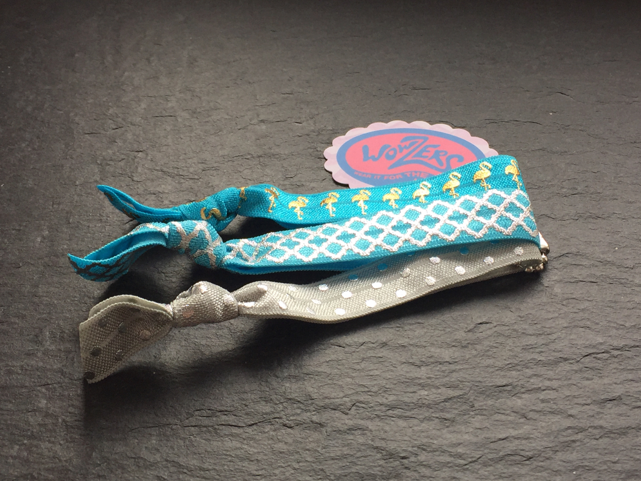 WOWZERS-HAIR-TIES-TU-RKIS-FLAMINGO Wowzers Hair Ties Set von 3 Armbänder / Haargummis - Türkis Flamingo