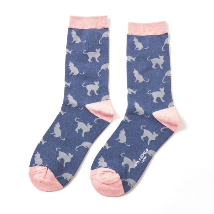 miss-sparrow-socken-bamboo-cats-navy Miss Sparrow Bambus Socken in Navy Blau - Katzen