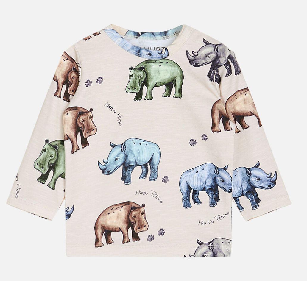 Hust & Claire Langarm Shirt in Tofu Beige - Bunte Hippos & Rhinos
