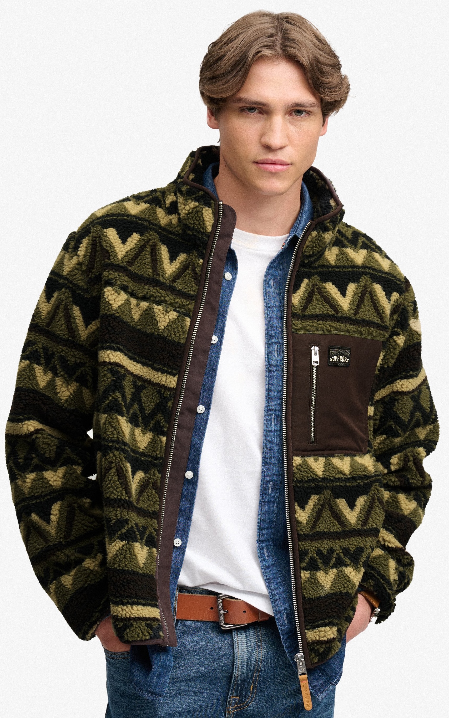 Superdry Herren Abstrakte Teddy Fleecejacke in Grün