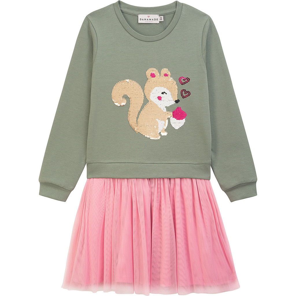 Danamade DERLE Süßes Jersey Kleid in Salbei Grün mit Rosa Tüllrock - Wendepailletten Eichhörnchen 