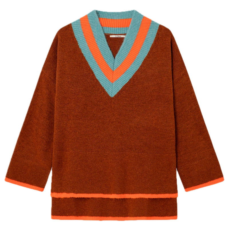 Dr Bloom Hug Pullover in Braun & Hellblau - Oversized Strickpulli mit V-Ausschnitt 