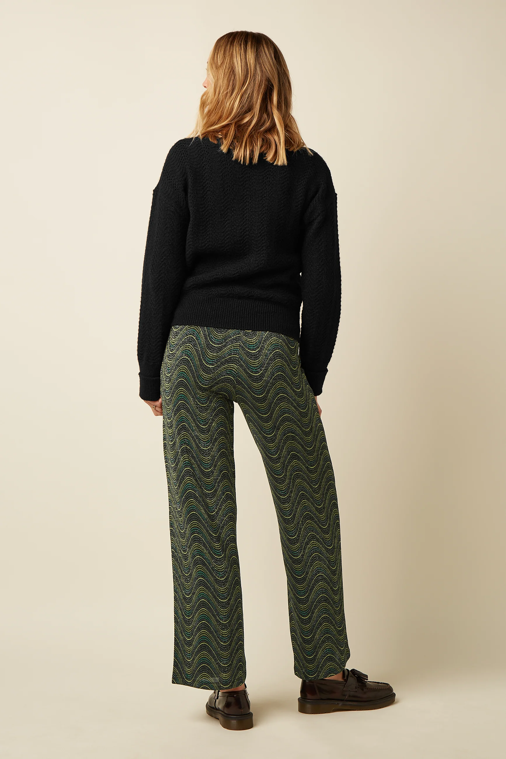 King Louie Border Pants Jefferson – Damen Hose mit geometrischem Muster und Metallic-Effekt