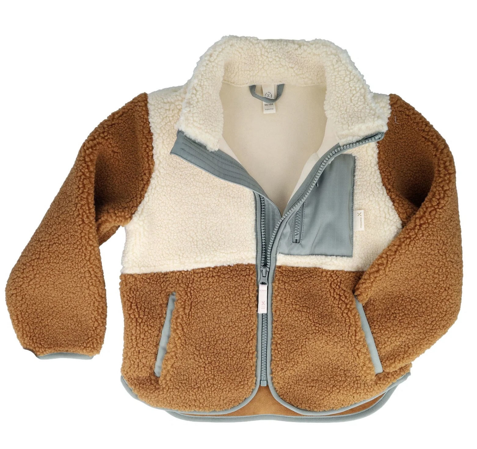 Maximo Kinder Teddy Sherpa Fleecejacke in Olivgrün, Creme und Cognac – Warme Colourblocking Jacke Maximo Kinder Teddy Sherpa Fleecejacke in Olivgrün, Creme und Cognac – Warme Colourblocking Jacke
