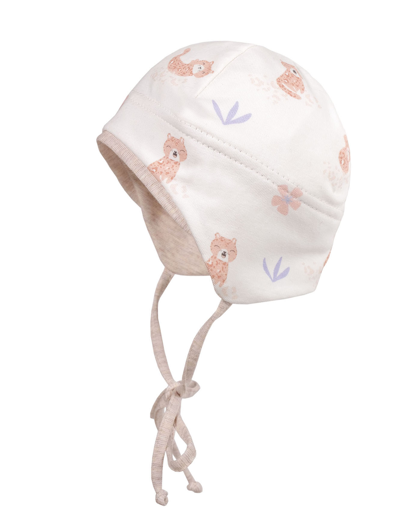 Maximo Baby Jersey Mütze in Creme mit Bindeband & Süßen Leoparden 