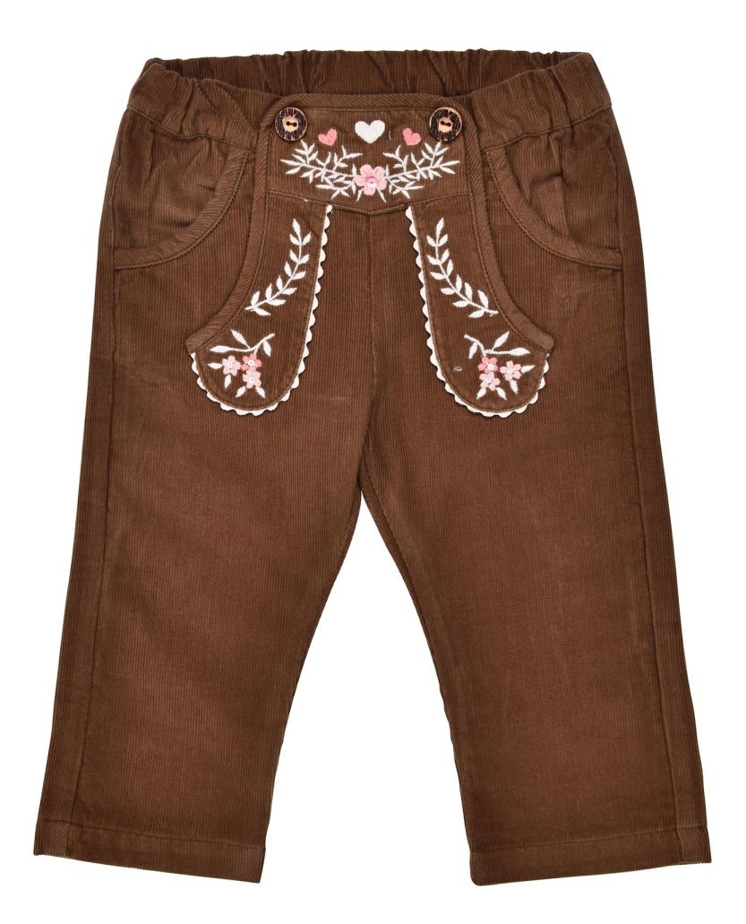 Bondi Cord Trachtenhose Braun in Lederhosen Look mit Rosa Stickerei 