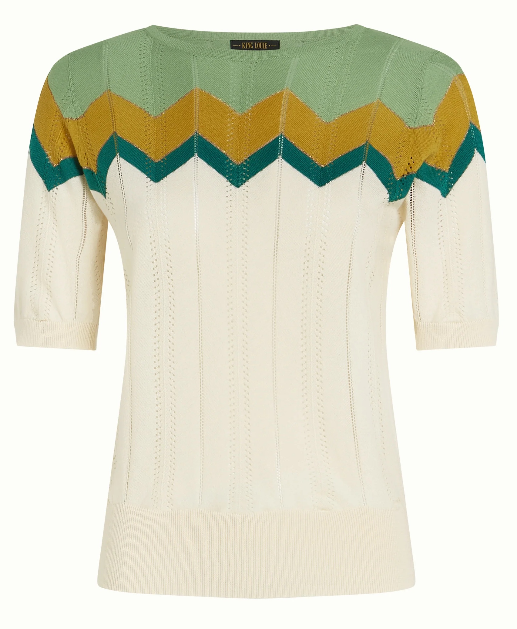 King Louie Agnes Strick Top Nova in Creme Grün Senf Chevron King Louie Agnes Strick Top Nova in Creme Grün Senf Chevron