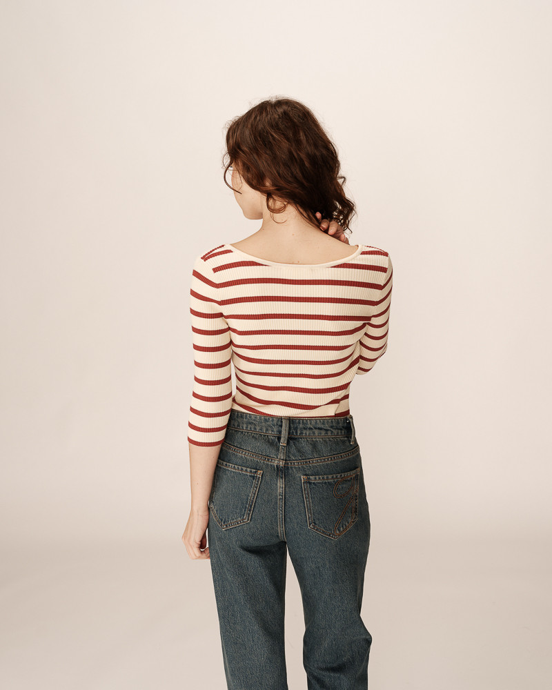 Grace & Mila Langarm Shirt PAIGE V-Ausschnitt mit 3/4-Ärmeln - Terracotta gestreift - SALE