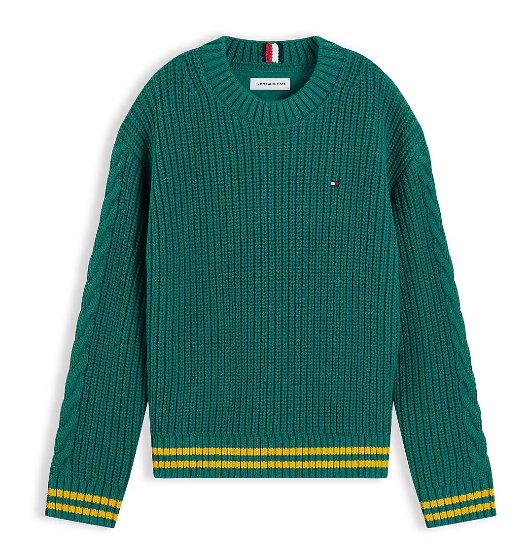Tommy Hilfiger Placed Chunky Strick Pullover in Grün mit Gelben Ringel am Arm und Bund Tommy Hilfiger Placed Chunky Strick Pullover in Grün mit Gelben Ringel am Arm und Bund