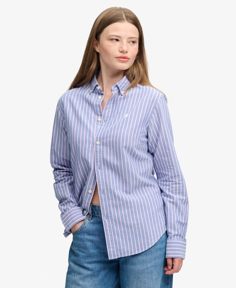 Superdry Oxford Langarmhemd mit schmaler Passform für Damen - Denim Blau mit Flieder Streifen