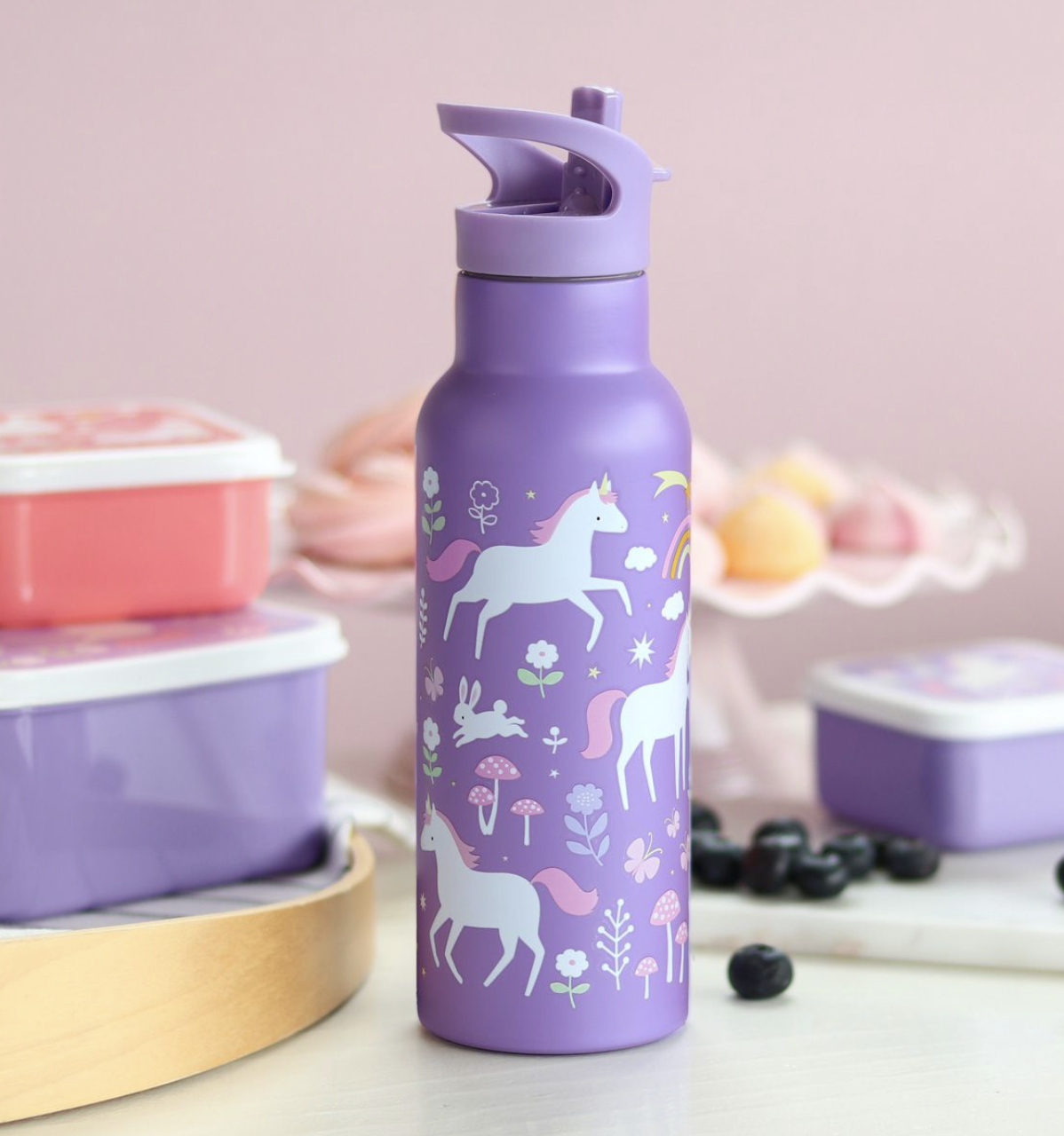 A Lovely Little Company Thermos Edelstahl Trinkflasche Groß mit Strohhalm - 500ml Einhorn