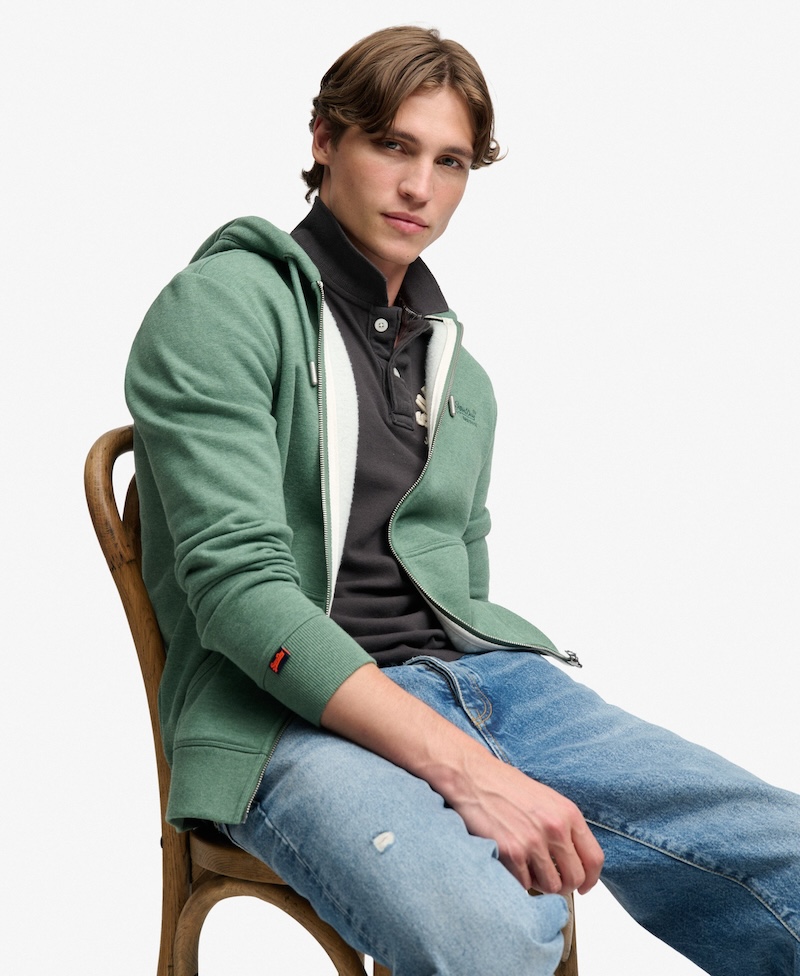 Superdry Herren Essential Hoodie Kapuzenjacke in Grün mit gesticktem Logo - Bay Green Marl Superdry Herren Essential Hoodie Kapuzenjacke in Grün mit gesticktem Logo - Bay Green Marl