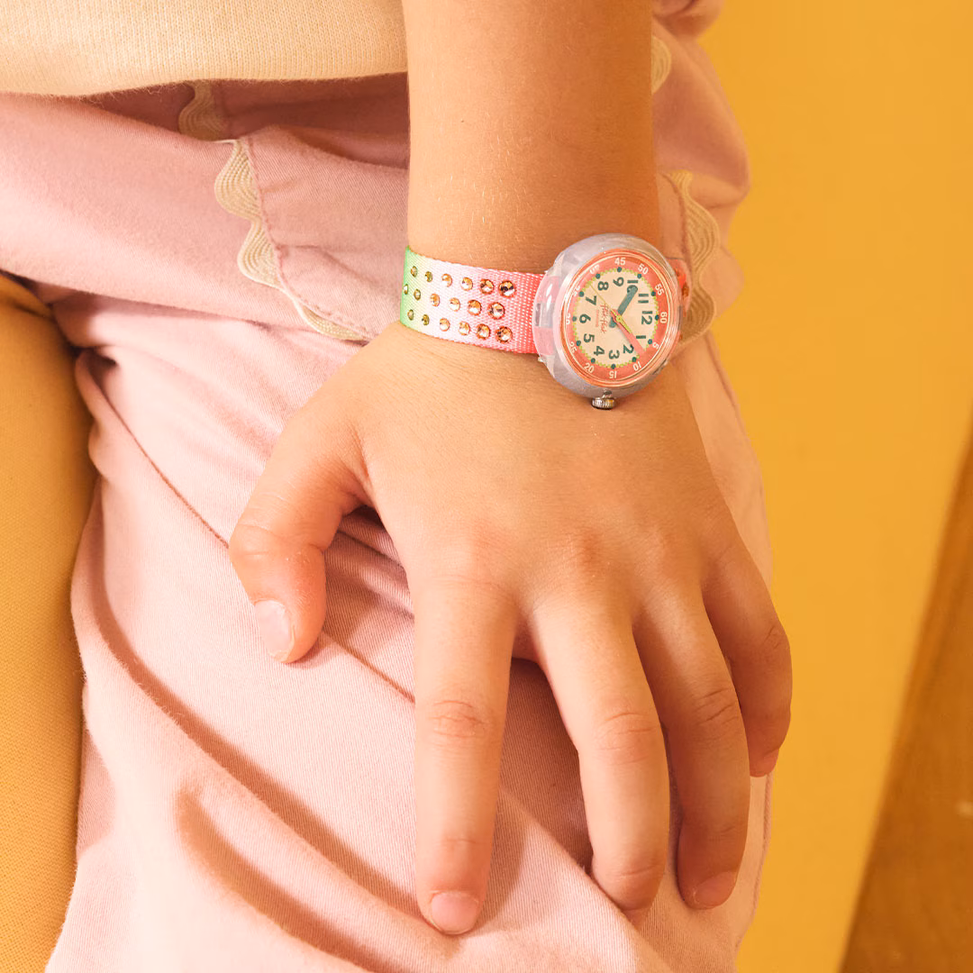 Flik Flak Kinderuhr mit Farbverlauf von Grün bis Coral mit Strasssteine - Sparkly Melon