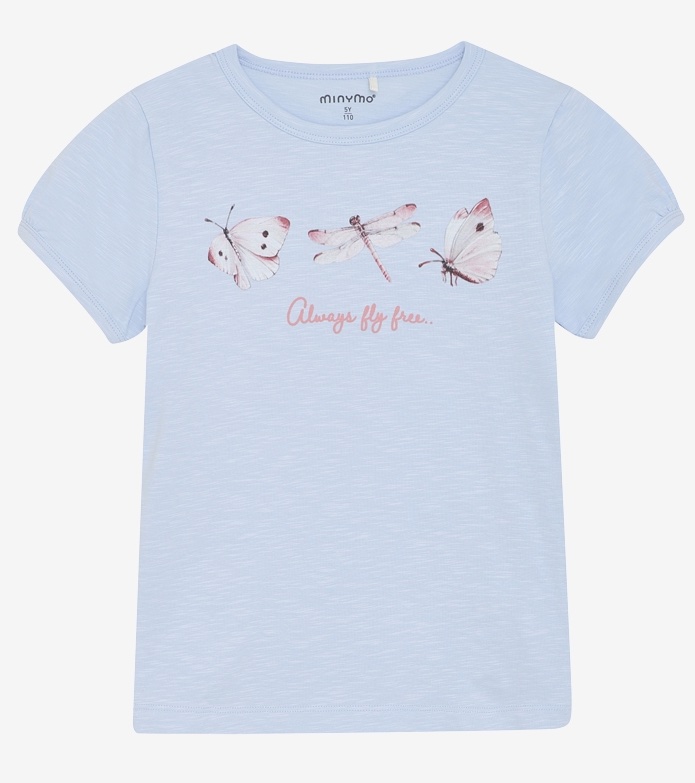 Minymo Kurzarm GOTS T-Shirt in Skyway Blau - Rosa Schmetterlinge - SALE Minymo Kurzarm GOTS T-Shirt in Skyway Blau - Rosa Schmetterlinge - SALE