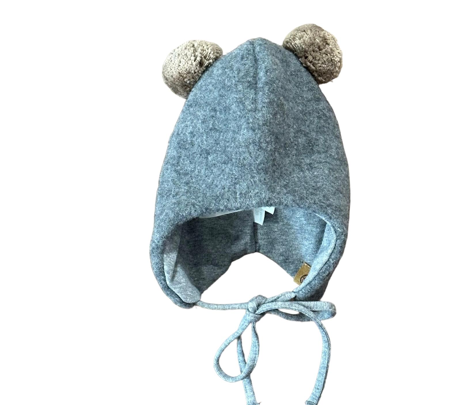 Pure Pure Merinowolle Baby Fleece Mütze mit Zwei Bommel in Grau & Braun Pure Pure Merinowolle Baby Fleece Mütze mit Zwei Bommel in Grau & Braun