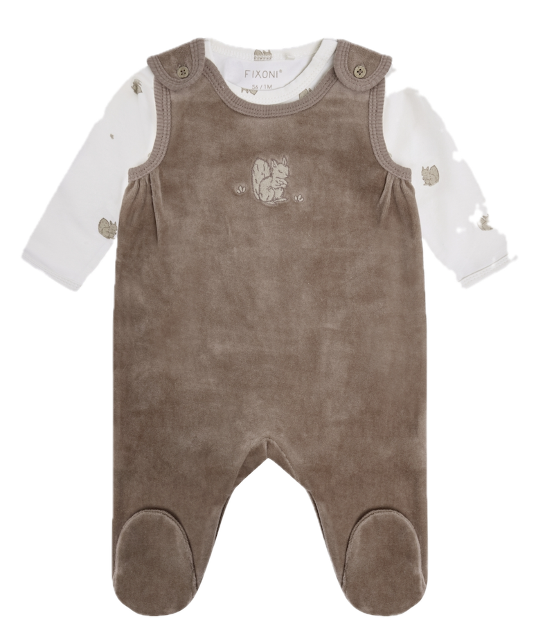 FIXONI Velours Stramplerhose mit Body Set - Romper in Mountain Trail Braun - Eichhorn FIXONI Velours Stramplerhose mit Body Set - Romper in Mountain Trail Braun - Eichhorn