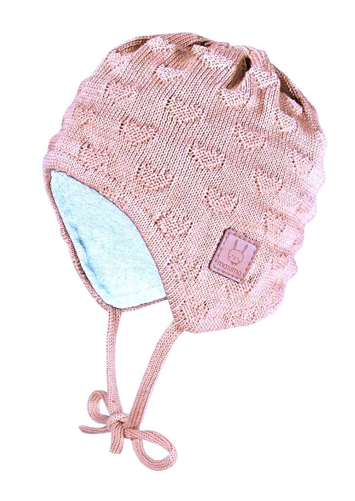 Maximo Baby Strickmütze mit Bändchen und Baumwoll Futter - Zartrosa Herzen