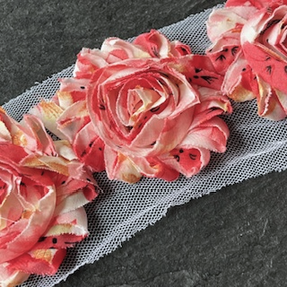 Wowzers Shabby Chic Stoffblumen Blüten am Band - Flamingo - 3 Blumen 
