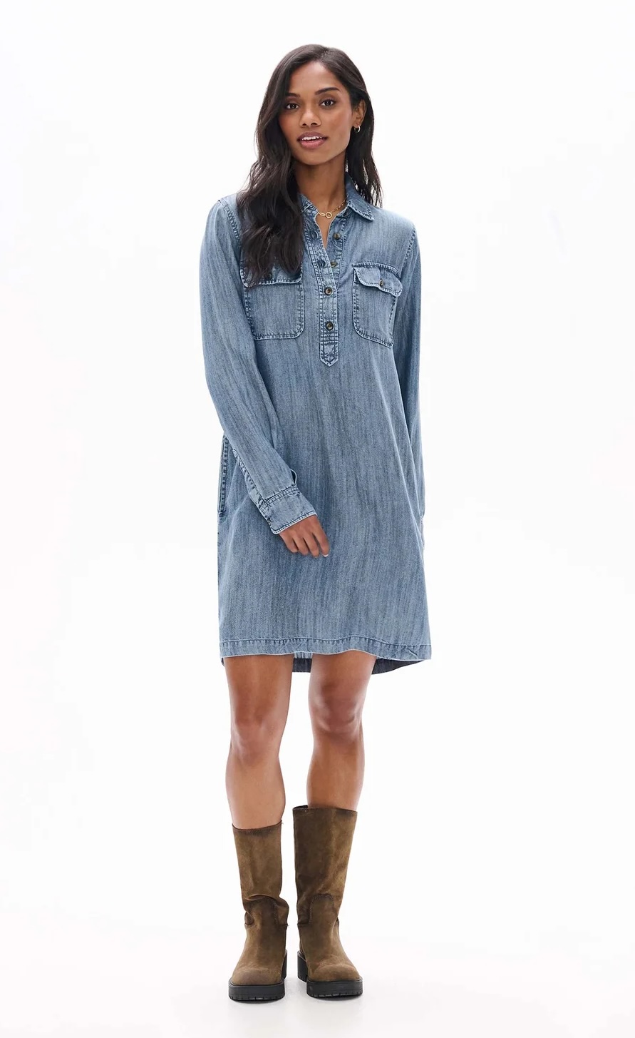 Hatley Damen Jeanskleid in Blue Acid Rinse – Midi Hemdblusenkleid mit Taschen Hatley Damen Jeanskleid in Blue Acid Rinse – Midi Hemdblusenkleid mit Taschen