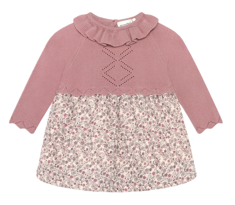 Minymo Baby Kleid in Nostalgie Rose Material Mix mit Strick und Vintage Blumen Rock