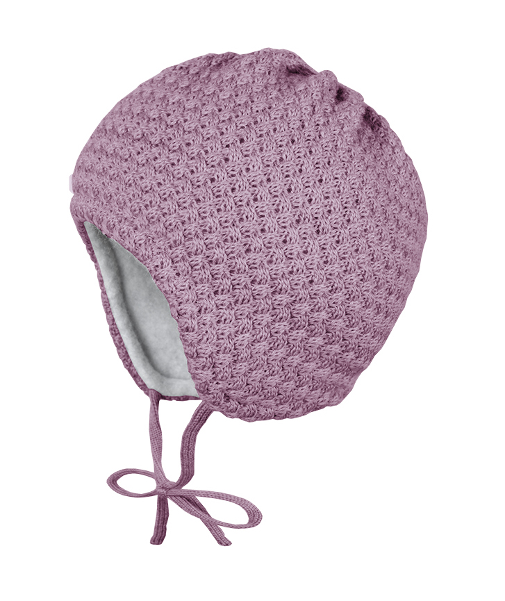 Maximo Baby Mütze mit Bändchen Zopfmuster und Fleece Futter - Rauchlila