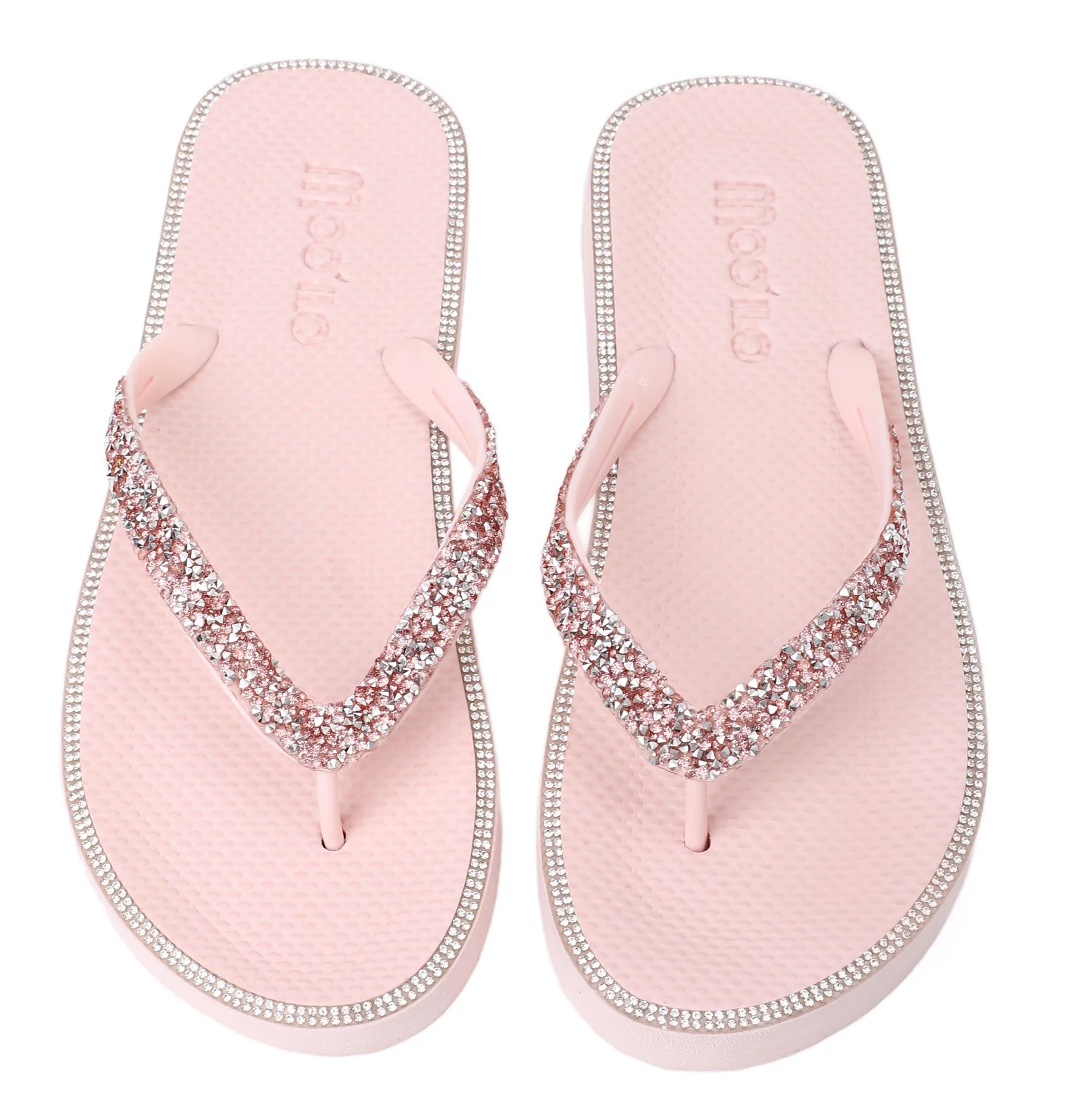 Moo' Ilo Damen Flip Flops Anna Rosa mit Glitzersteine + Neon Pink Jelly Tasche