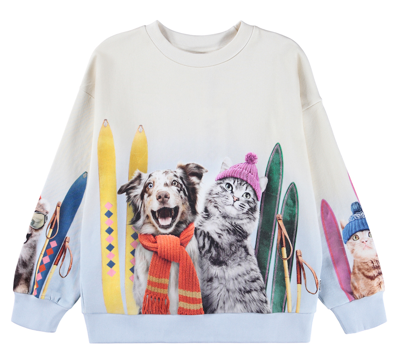Molo Maxi Sweatshirt GOTS Bio- Baumwolle Pullover in Creme Skifahrer Hund & Katze - SALE Molo Maxi Sweatshirt GOTS Bio- Baumwolle Pullover in Creme Skifahrer Hund & Katze - SALE