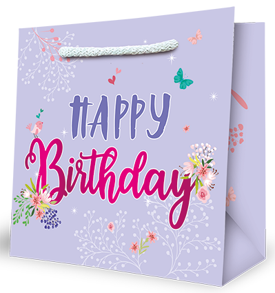 Edition Gollong Geschenktasche Happy Birthday in Flieder mit Blumen - Small