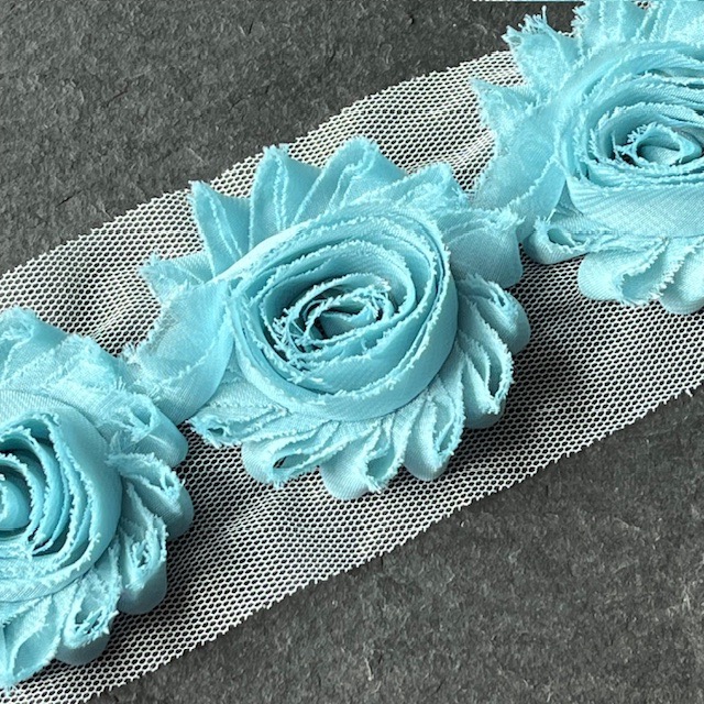 Wowzers Shabby Chic Stoffblume Blüte am Band - Eisblau - 3 Blumen