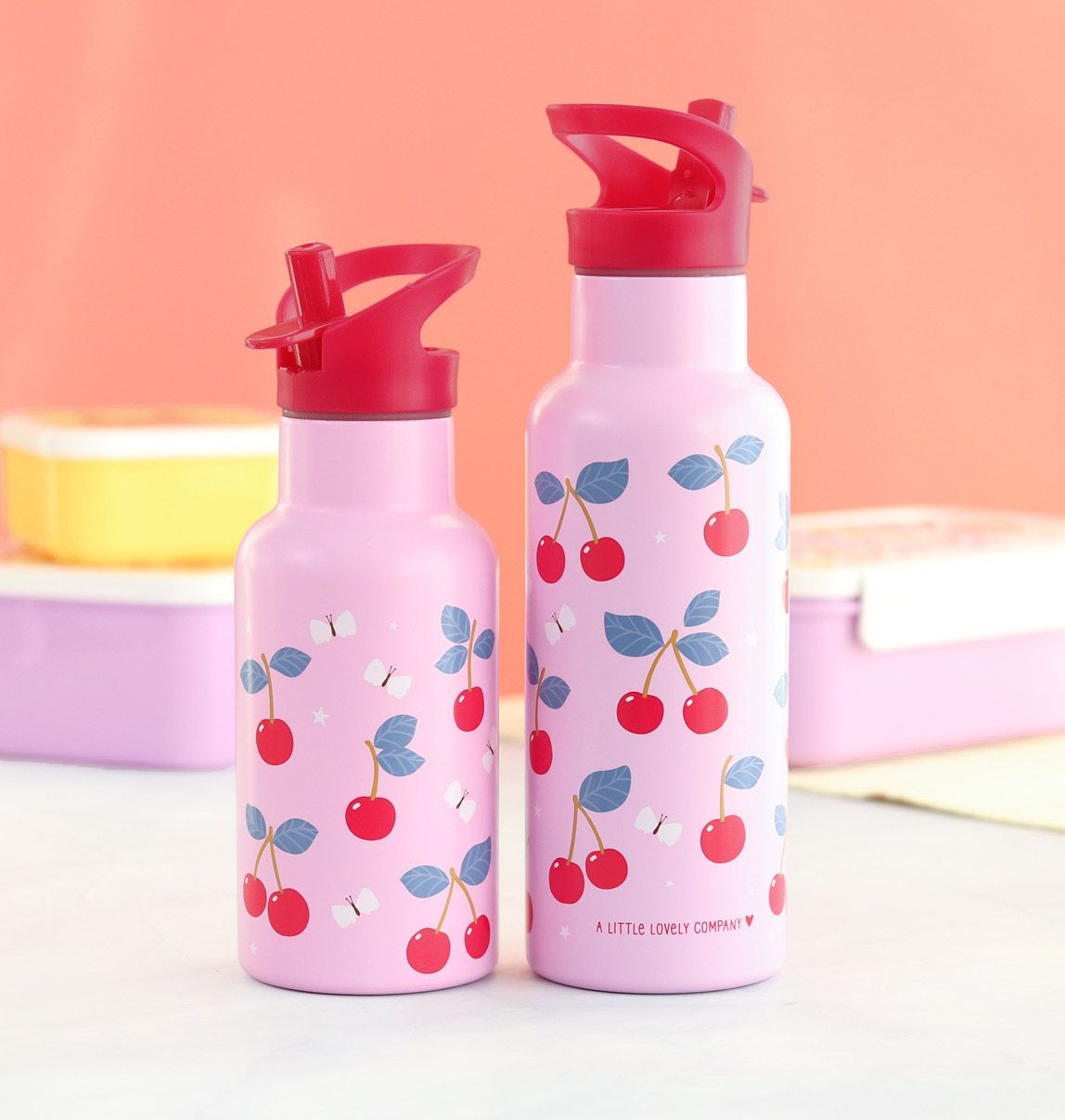 A Lovely Little Company Thermos Edelstahl Trinkflasche mit Strohhalm - Kirschen