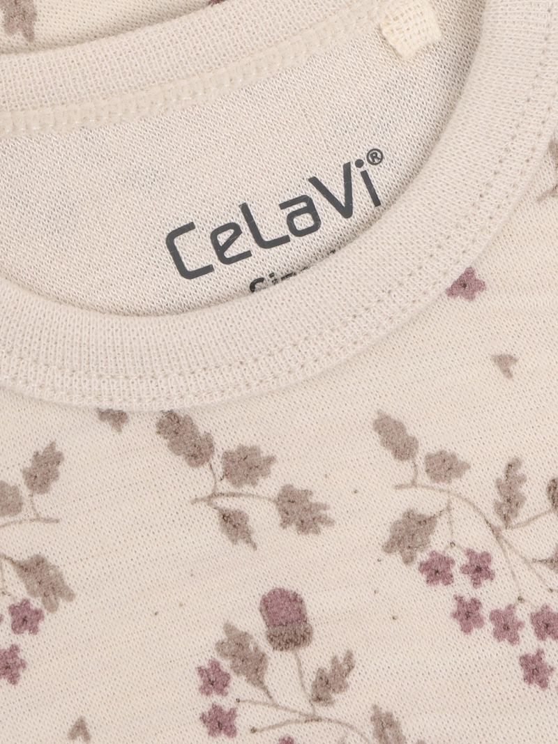 CeLaVi Langarm Body aus Merinowolle in Creme mit Flieder Blumen Allover