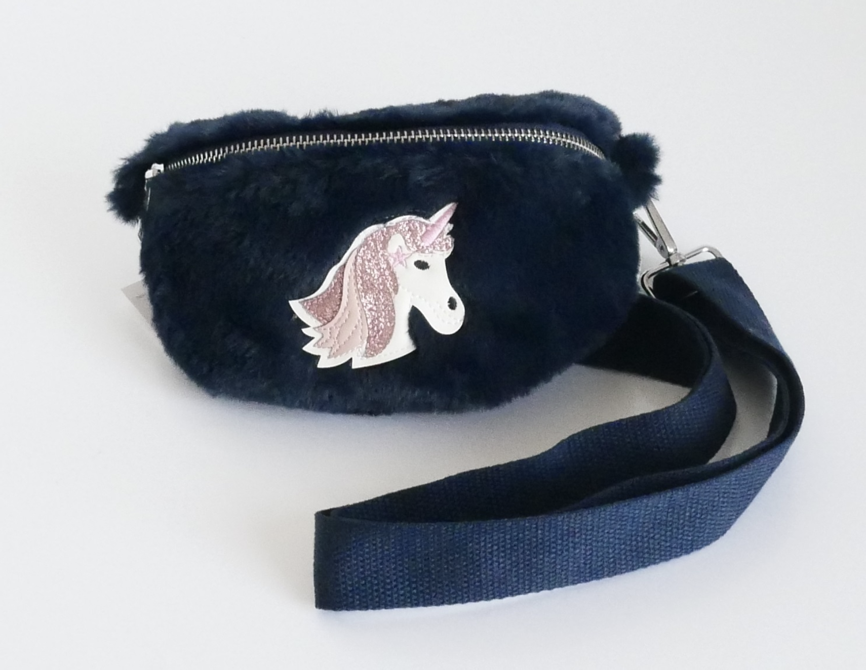 KisMe Crossbody Tasche Sidebag - Einhorn Plüsch mit Stoffband - Navy