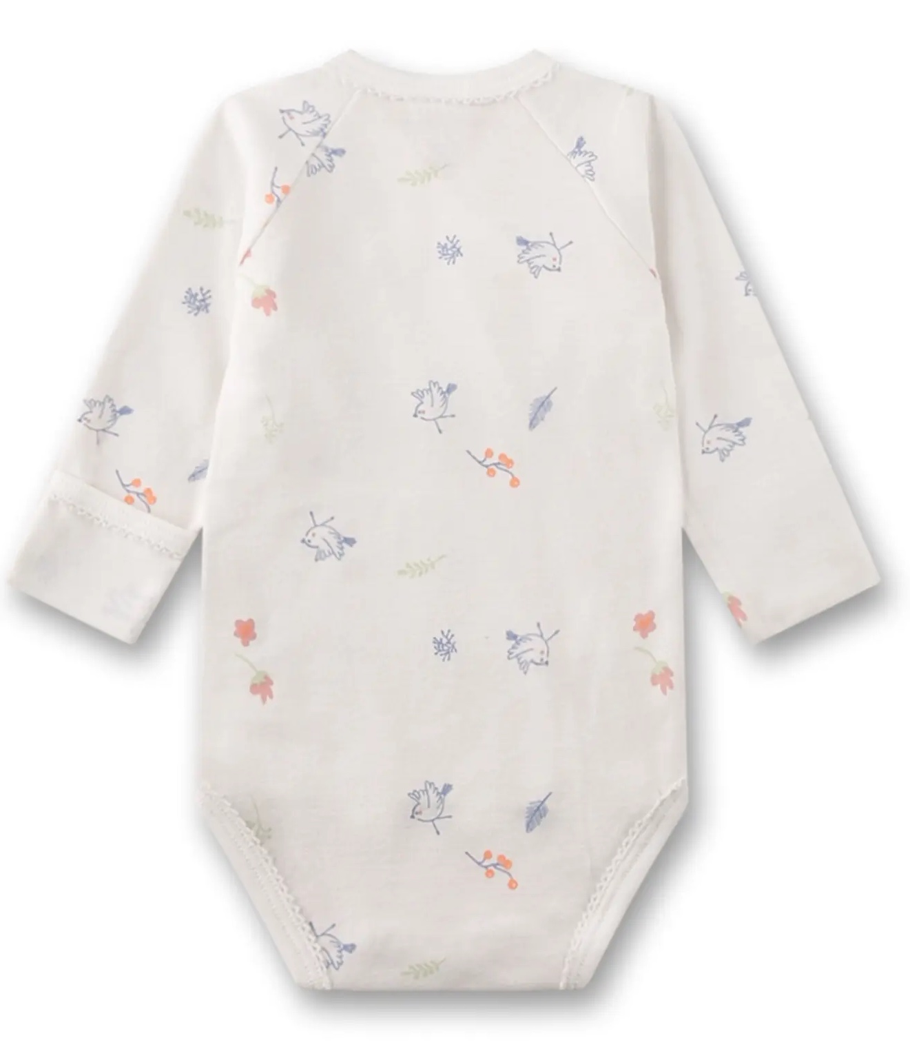 Sanetta Wickelbody Langarm in Creme Weiß mit Vogel Allover + Kratzenschutz Sanetta Wickelbody Langarm in Creme Weiß mit Vogel Allover + Kratzenschutz