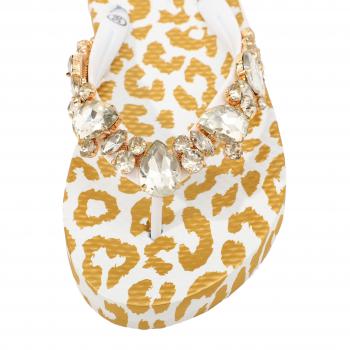 Moo' Ilo Damen Flip Flops Weiß Gold Leo mit Strasssteinen + Neoprene Clutch - SALE