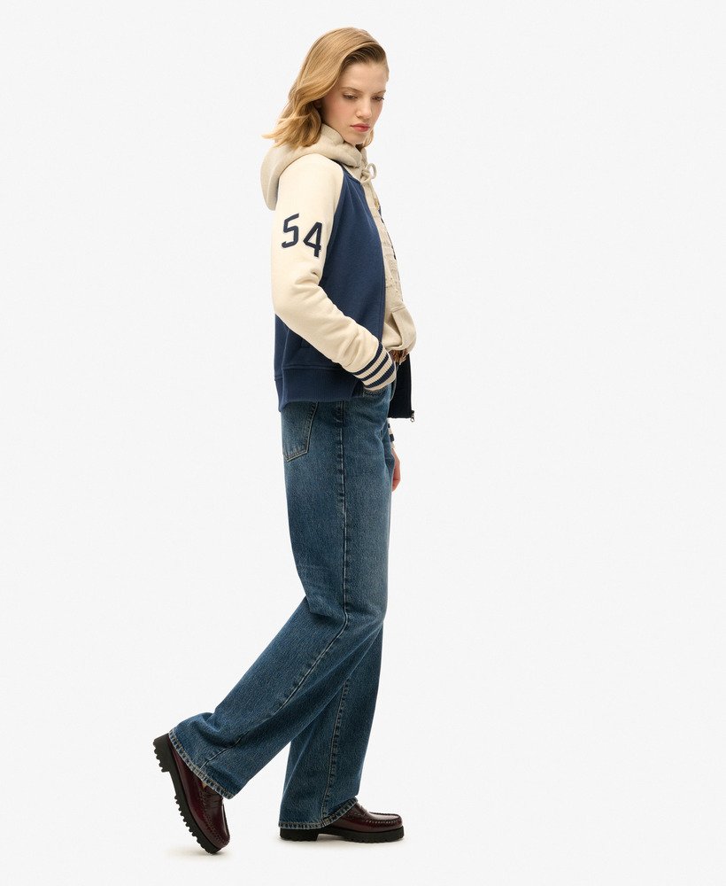 Superdry Damen College Bomberjacke - Jersey mit Schriftzug-Grafik in Atlantic Navy - SALE