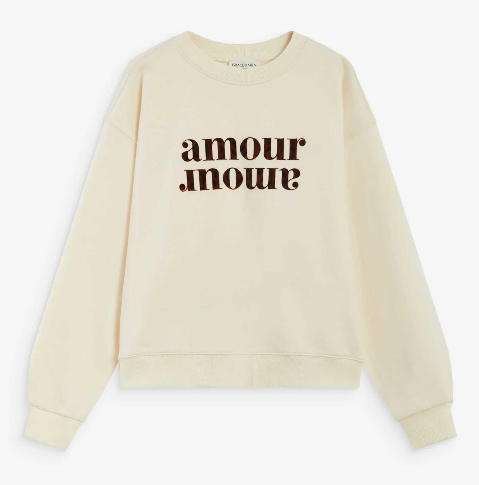 Grace & Mila Amery Sweatshirt in Ecru Creme mit Leo Muster - AMOUR Grace & Mila Amery Sweatshirt in Ecru Creme mit Leo Muster - AMOUR