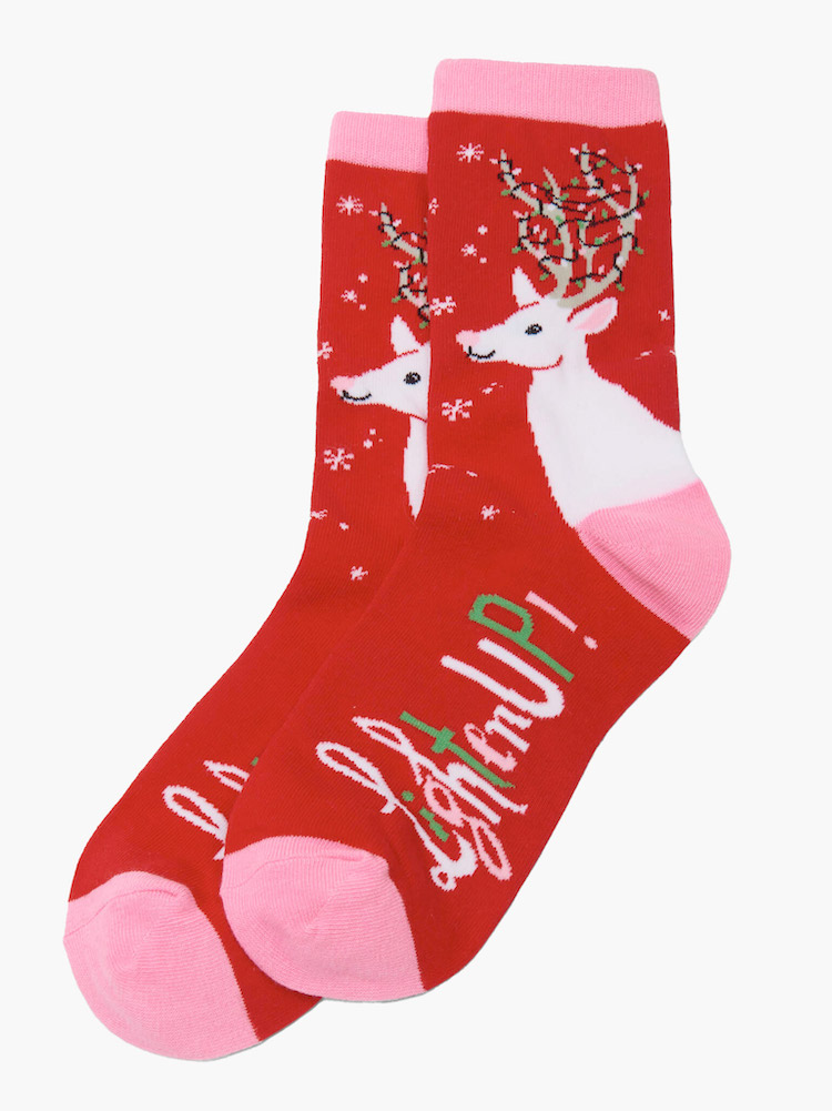SO0LIGH011 Little Blue House Damen Socken in Rot - Rentier mit Weihnachtslichter
