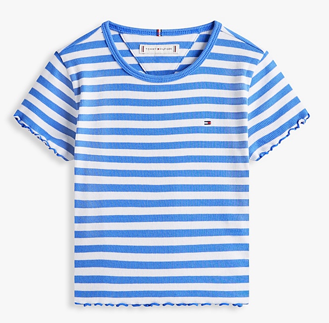 Tommy Hilfiger Blau gestreiftes Mädchen T-Shirt in Weiß mit Rüschen