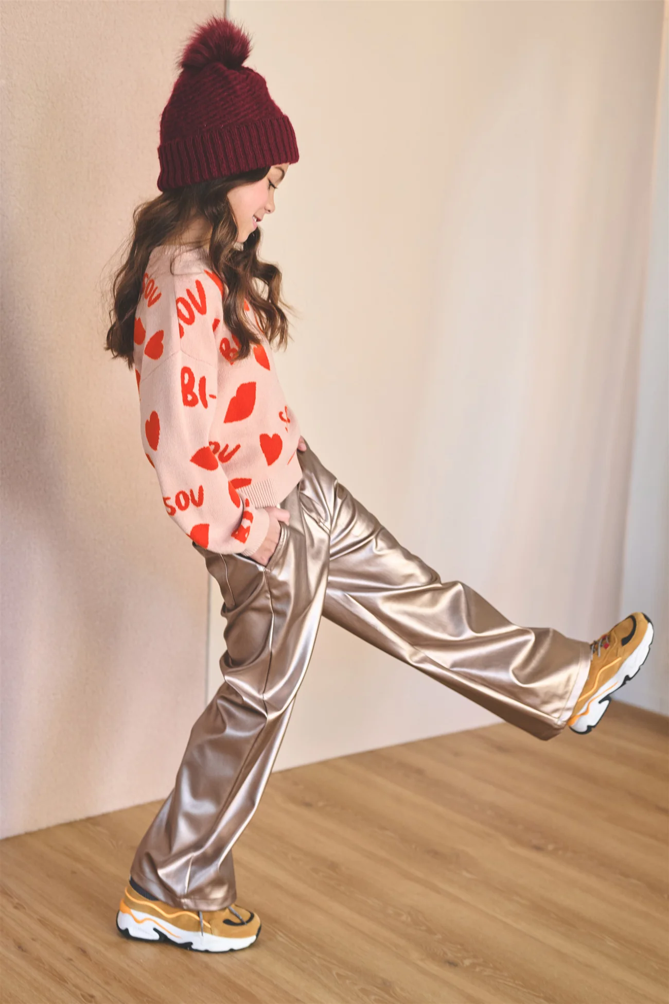 NONO Katie Strickpulli Jacquard Puloover 'Bisou' in Sand mit Rot - Kusmund