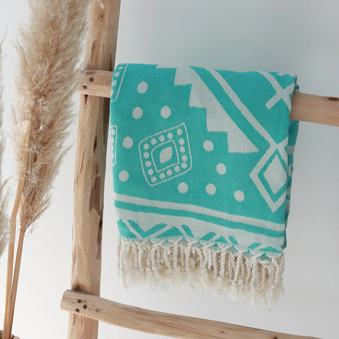 Love Ibiza Hamam Tuch Baumwolle 85 cm x 170 cm - Aztec Muster in Türkis Blau