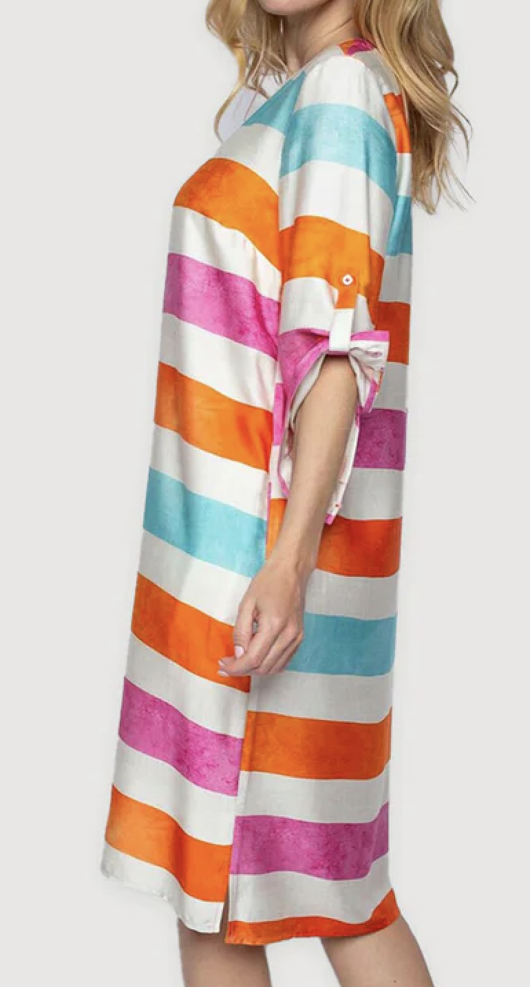 Emily van den Bergh Damen Kleid gestreift in Türkis, Pink & Orange - SALE Emily van den Bergh Damen Kleid gestreift in Türkis, Pink & Orange - SALE